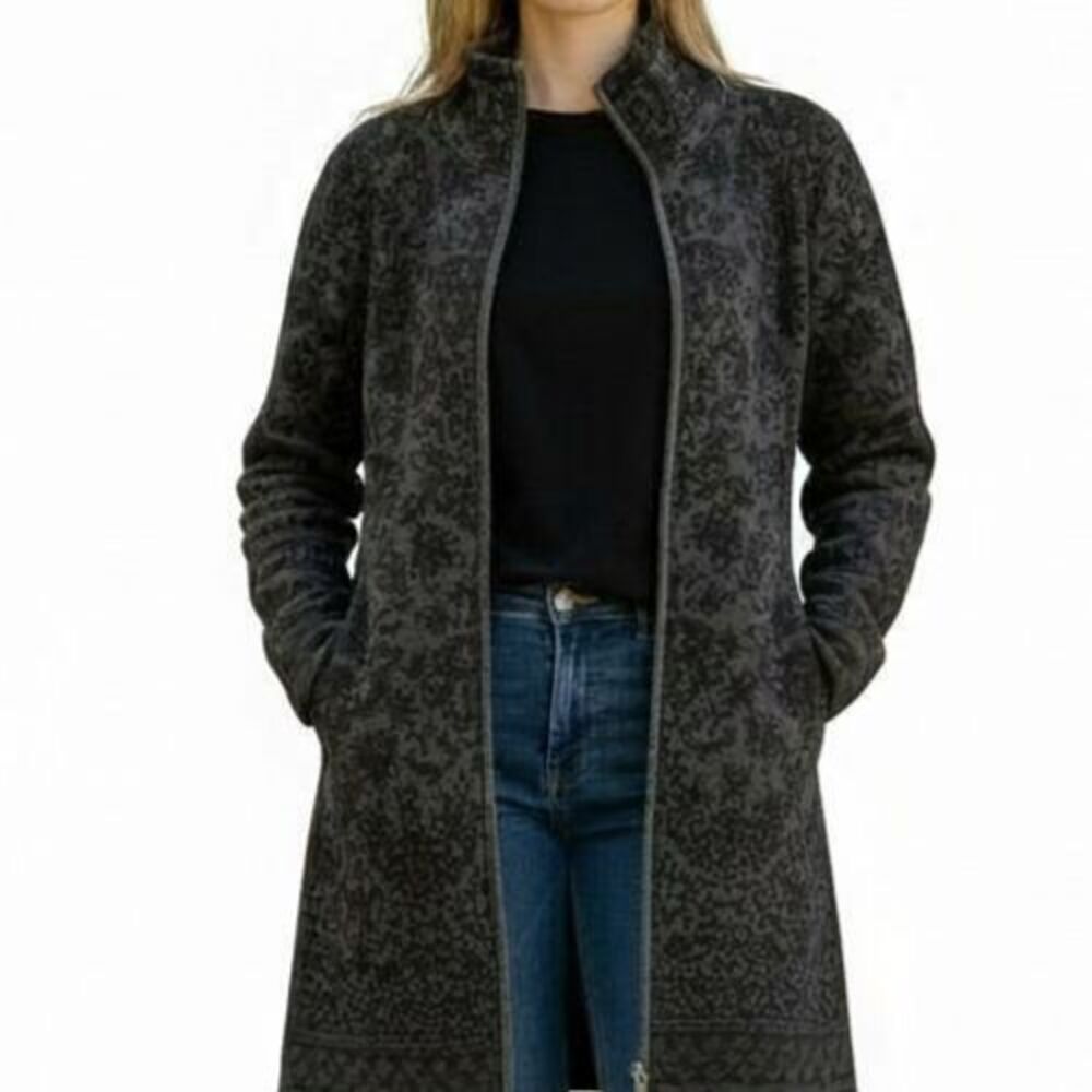 Skyr Floral Jacquard Zip Up Midi Cardigan Jacket Small Black Gray Nordic Damask